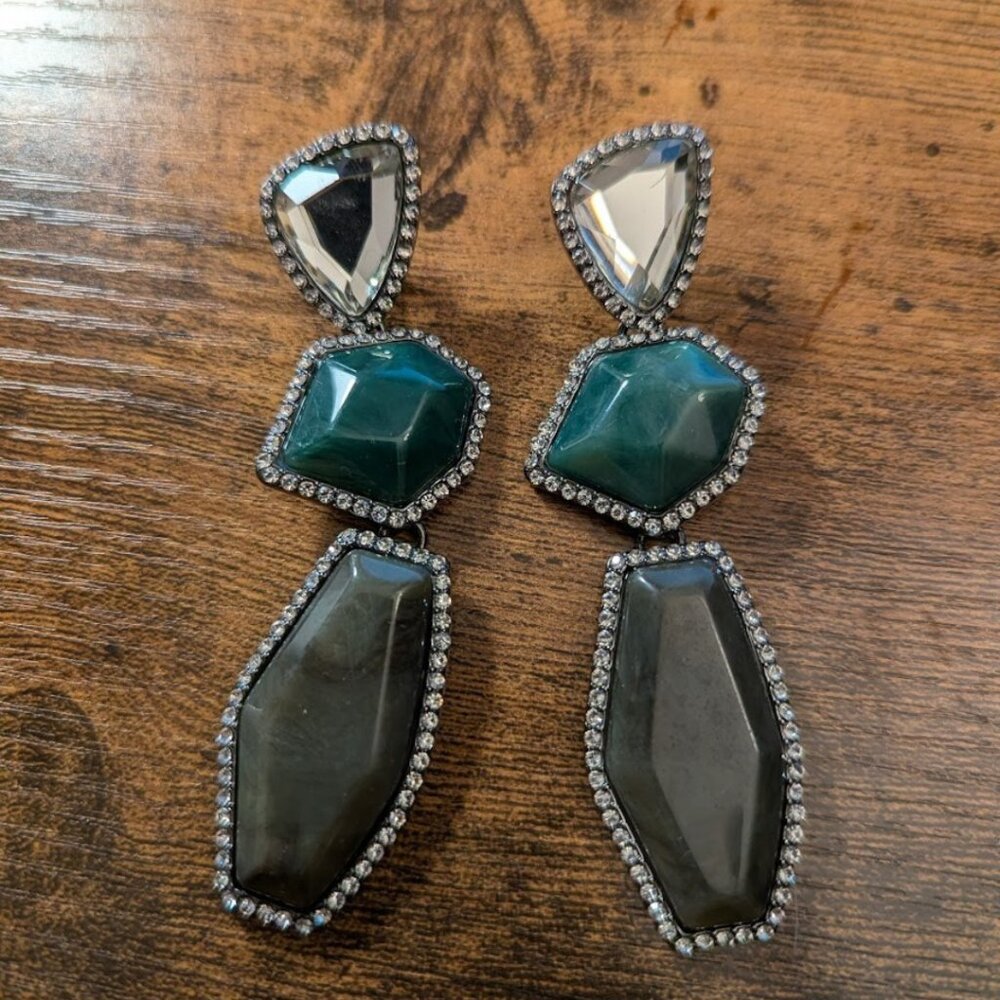 Geometric Statement Clip-On Earrings Green Gray Rhinestone Trim Y2K - Picture 3 of 6